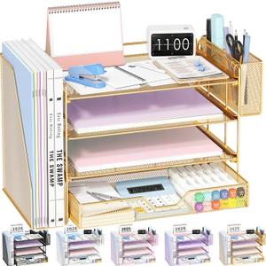 OPNICE Desk Organizers and Accessories, 4-Tier Office Desk Accessories & Workspace Organizers with Drawer and Pen Holder, Desktop Paper Tray File Organizer for Home Office Supplies, Gold