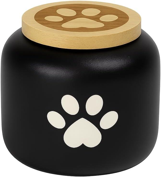 Black Small Porcelain Pet Urn with Wooden Paw Lid  Ceramic Cremation Urn for Doggo, Kitty or Fur Baby Ashes 2.9''x2.9'' Sealing Well, Elegant Decorative Memorial Display Urn