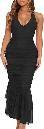 Women's Sexy V Neck Tie Halter Mesh Ruffle Hem Ruched Bodycon Cocktail Party Maxi Dresses , , BlackM