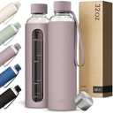 KIVY Glass Water Bottle with Silicone Sleeve 32 oz [WITH MEASUREMENT] - Borosilicate Glass Water Bottle Screw Top - Clear Bottles with Measurement Marking - Slim Waterbottle Aesthetic - Taupe