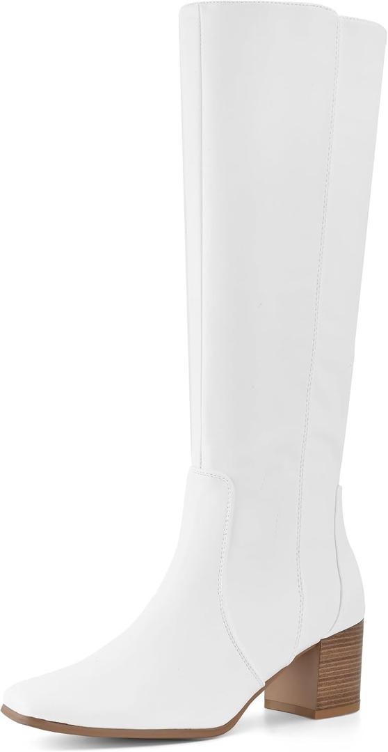 Shoe'N Tale Women's Knee High Boots Square Toe Mid Chunky Block Heeled Tall Boots Side Zipper