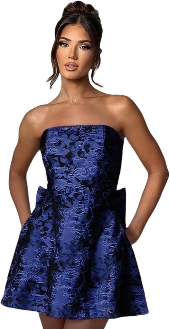JUMISEE Embroidery Satin Homecoming Dress with Bow Modest Strapless Mini Dresses A Line Short Prom Dress Party Gown (Small)