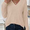 PRETTYGARDEN Fall Fashion 2026 Long Sleeve Shirts for Women Ribbed Knit V Neck Dressy Casual Lightweight Sweaters Tunic Tops (Beige, L)