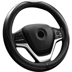 Valleycomfy Steering Wheel Covers Universal 15.75 inch - Genuine Leather, Breathable, Anti Slip & Odor Free (Black with Black Lines, L(15" 1/2-16"))