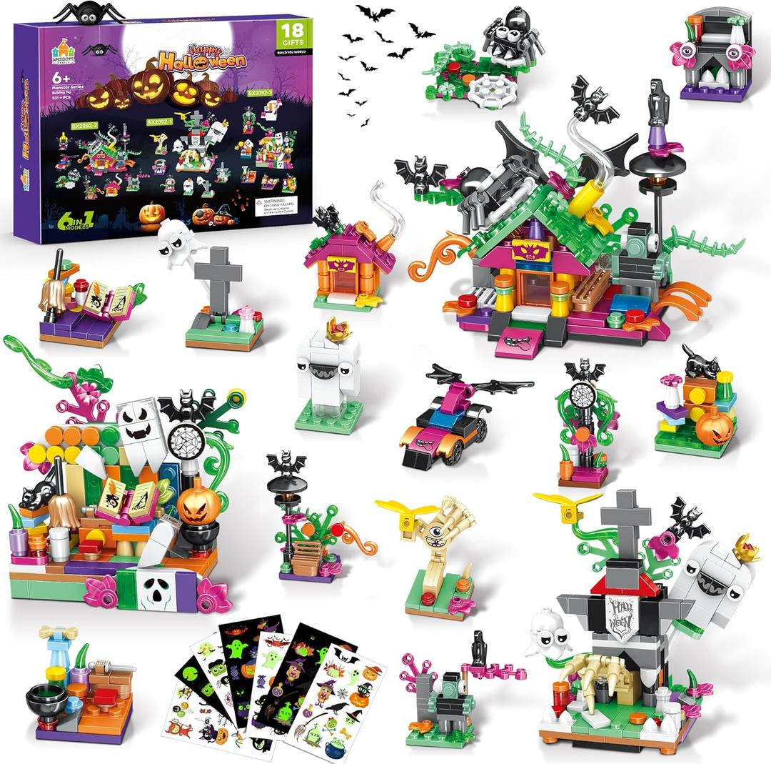 Halloween Building Set for Kids  6-in-1 Haunted House, Spooky Witch Workshop & Haunted Graveyard with Glow Tattoos, Trick-or-Treat Toys, Pretend Play, Party Favors & Home Decor for Girls & Boys 6+