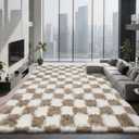 Large Shag Area Rug for Bedroom, 9x12 Ft Beige and White Area Rug Classic Checkered Shaggy Anti-Skid High Pile Soft Fluffy Rug Fuzzy Carpet for Living Room Bedroom Kids Room Nursery, Dorm Home Decor