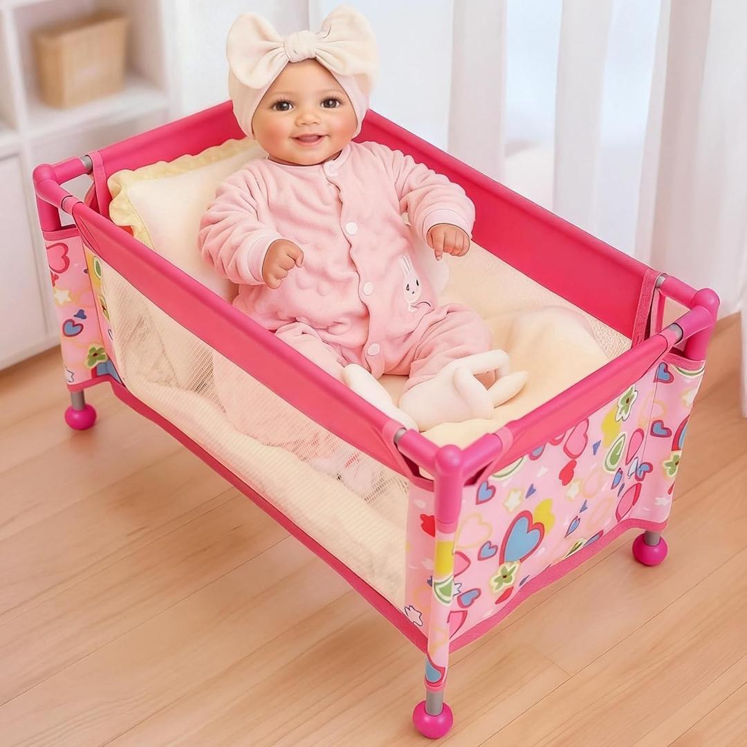 BABESIDE Baby Doll Crib for 18" Reborn Dolls,Baby Doll Bed with Storage Bag, Reborn Babydolls Accessories for Toddlers Age 3+,Pack n Play Toy Playpen for Kids,Pink