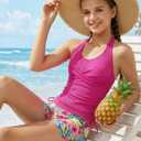 Girls Bathing Suits for Teens Size 12 14 V Neck Halterneck Swimsuit with Padded Juniors Summer Beach y2k Rose Red Flower Tankini Swim Set 12-14 Year Big Girl Hawaii Beach Drawstring Shorts Swimwear