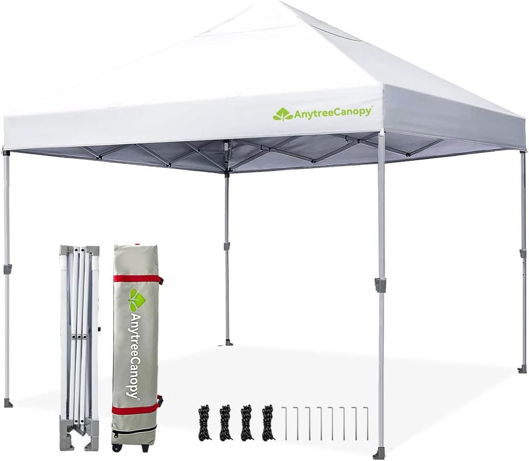 Anytee-10x10 Pop Up Canopy Tent, Easy Up Waterproof Outdoor Canopy with Wheeled Bag, Sun Shade for Patio, Backyard, Parties, Camping-White