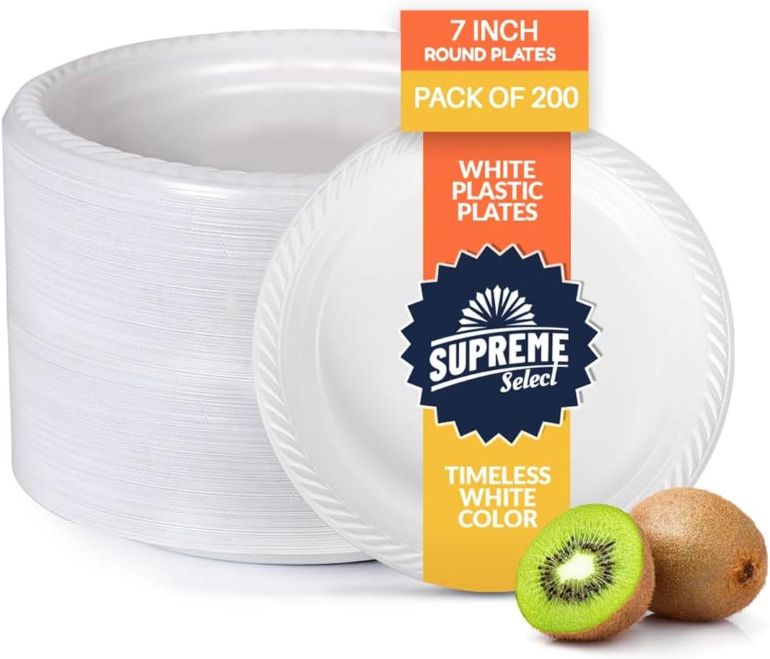 White Disposable Plastic Plates [Set of 200 | 7-inch Plates] Elegant Party Dinner Plates- Microwave Safe Plastic Dish Set- Sturdy Rimmed For Weddings, Parties, Kitchen Use