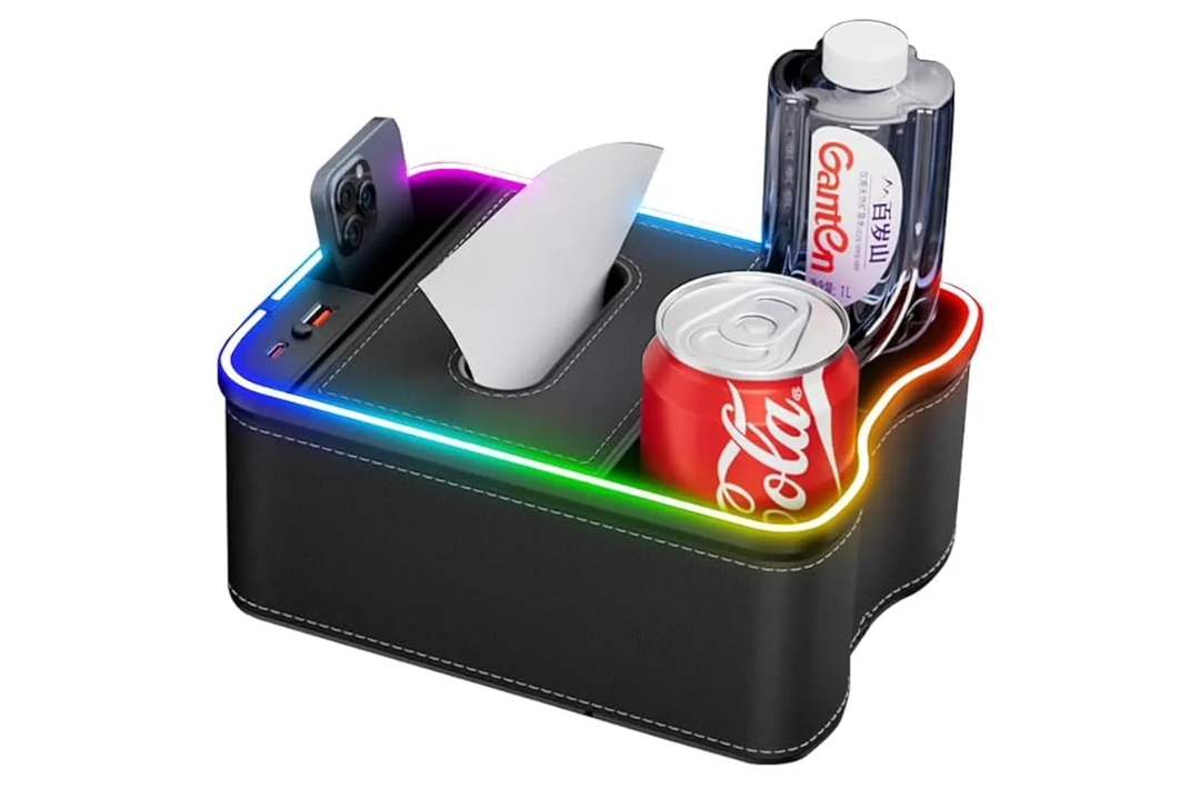 Car Armrest Storage Box With 2 Drink Cup Holders, 7 Colour LED Lights Car Console Organiser With USB + Type-C Charging Port, Universal Small Car Storage Organizer Front Seat, Pack 10