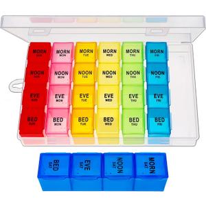 ZVZM Weekly Pill Organizer 4 Times a Day, Medicine Organizer Box, Travel Daily Pill Box Organizer 7 Day, Pill Case, Pill Container Holder for Hold Vitamins/Fish Oils.