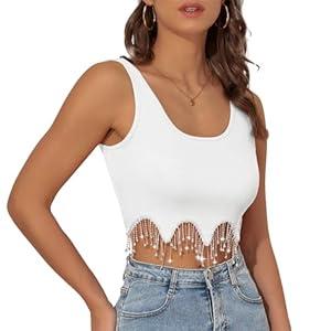 Century Star Crop Tank Tops for Women Rhinestone Fringe Top Sparkly Tops for Women Sequin Glitter Top Concert Y2K Tank Top