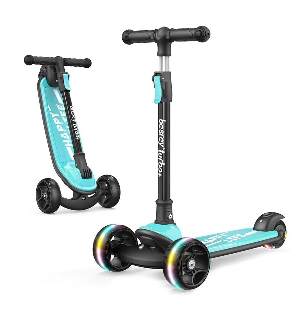 Besrey Kick Scooter for Kids Ages 3-10, 3-Wheel Folding Scooter with Adjustable Height, LED Light Wheels, Extra Wide Deck for Outdoor Activities