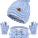 Kids Winter Hat Gloves Scarf Set Toddler Winter Beanie with Pom Knit Neck Warmer Fleece Lined Gloves for Boys Girls (2-8 Years, Blue Mix)