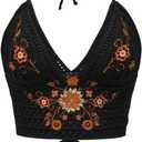 SHENHE Women's Open Back Knitted Halter Crop Top Tie Backless Embroidered Hippie Top (Large) Black A