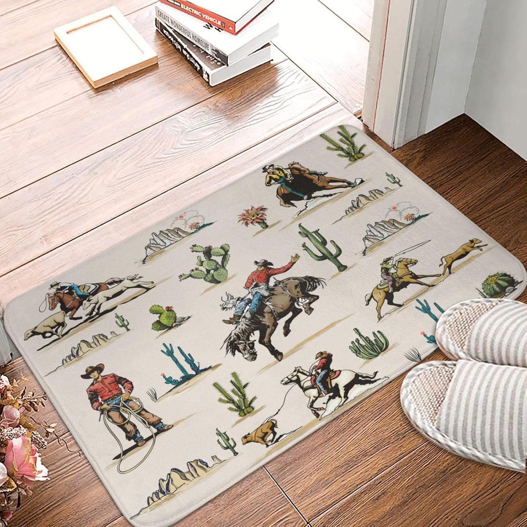 Western Bath Mat, Retro Bathroom Rug, Washable Microfiber Soft Doormats Shower Mat, Western Home Decor Non-Slip Super Absorbent
