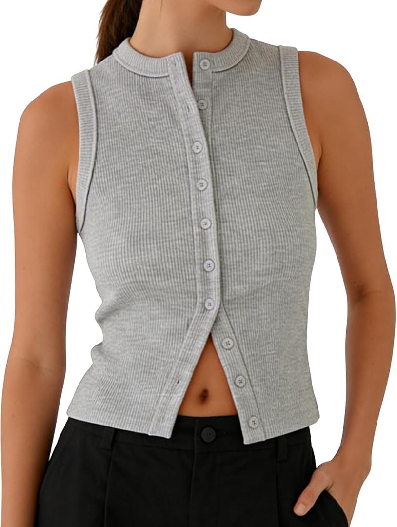 Women Button Down Tank Tops Casual Ribbed Sleeveless Crop Vest Top Going Out Tops Open Front Slim Fit Dressy Top (Gray, S)