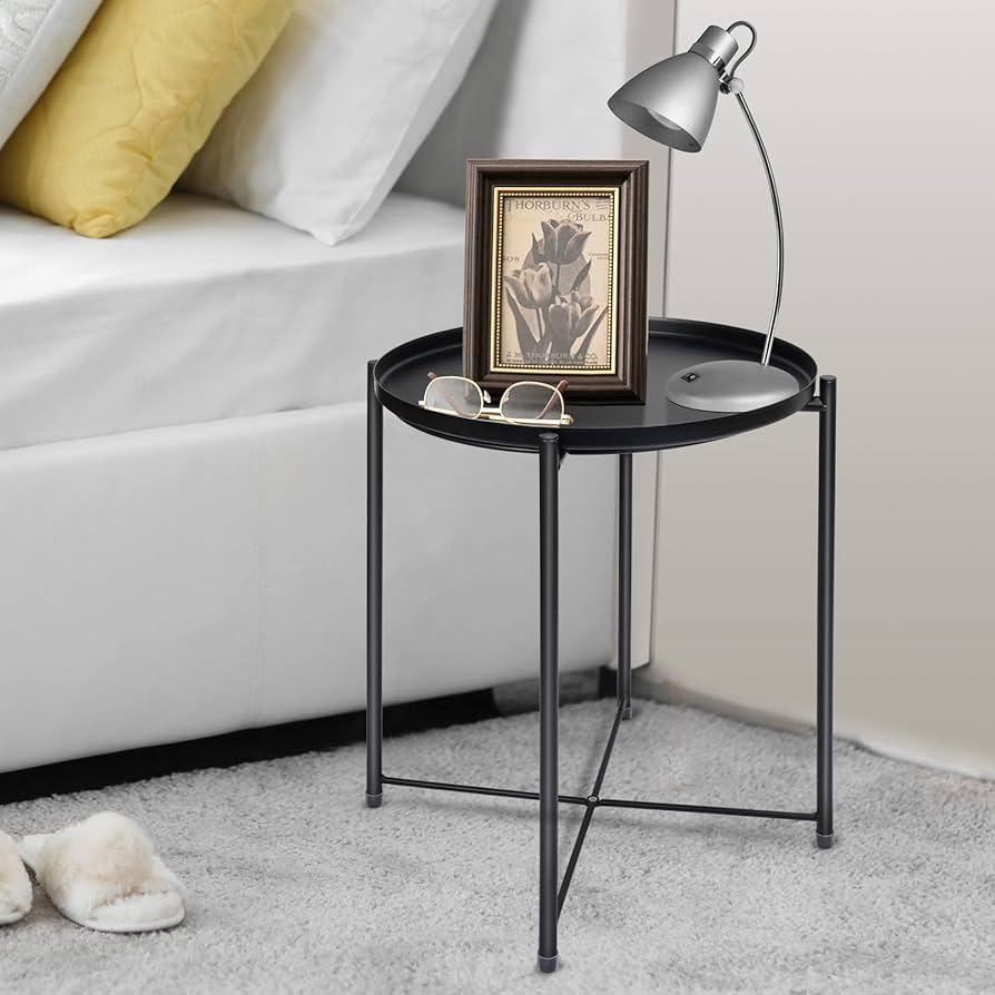 Fancial Round Side TableMetal Small Bedside Nightstand, 16.73" D x 16.73" W x 20.47" H, Black
