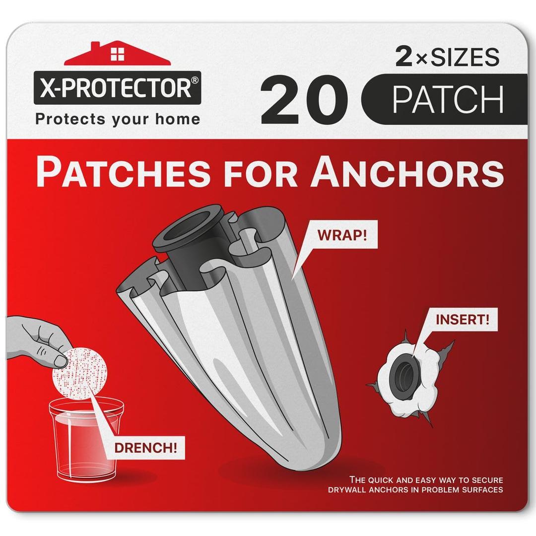 X-Protector Patches for Anchors - 20 PCS Set of 2 Sizes - Loose Wall Anchor Fix Pad - Dry Wall Anchor Repair Pads - Plaster Wall Anchors - Wall Anchors Repair Patches to Keep Them in Place! (10 PCS Big + 10 PCS Standard Sizes)