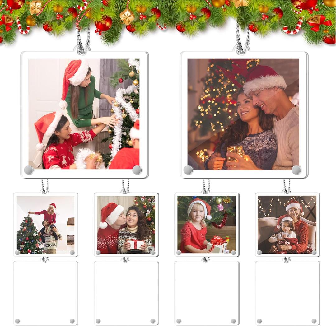 100 Pcs Christmas Hanging Photo Frame Ornaments, Personalized Clear Acrylic Double Sided Mini Christmas Picture Frame Ornaments with Rope for Xmas Tree Decoration (Square)