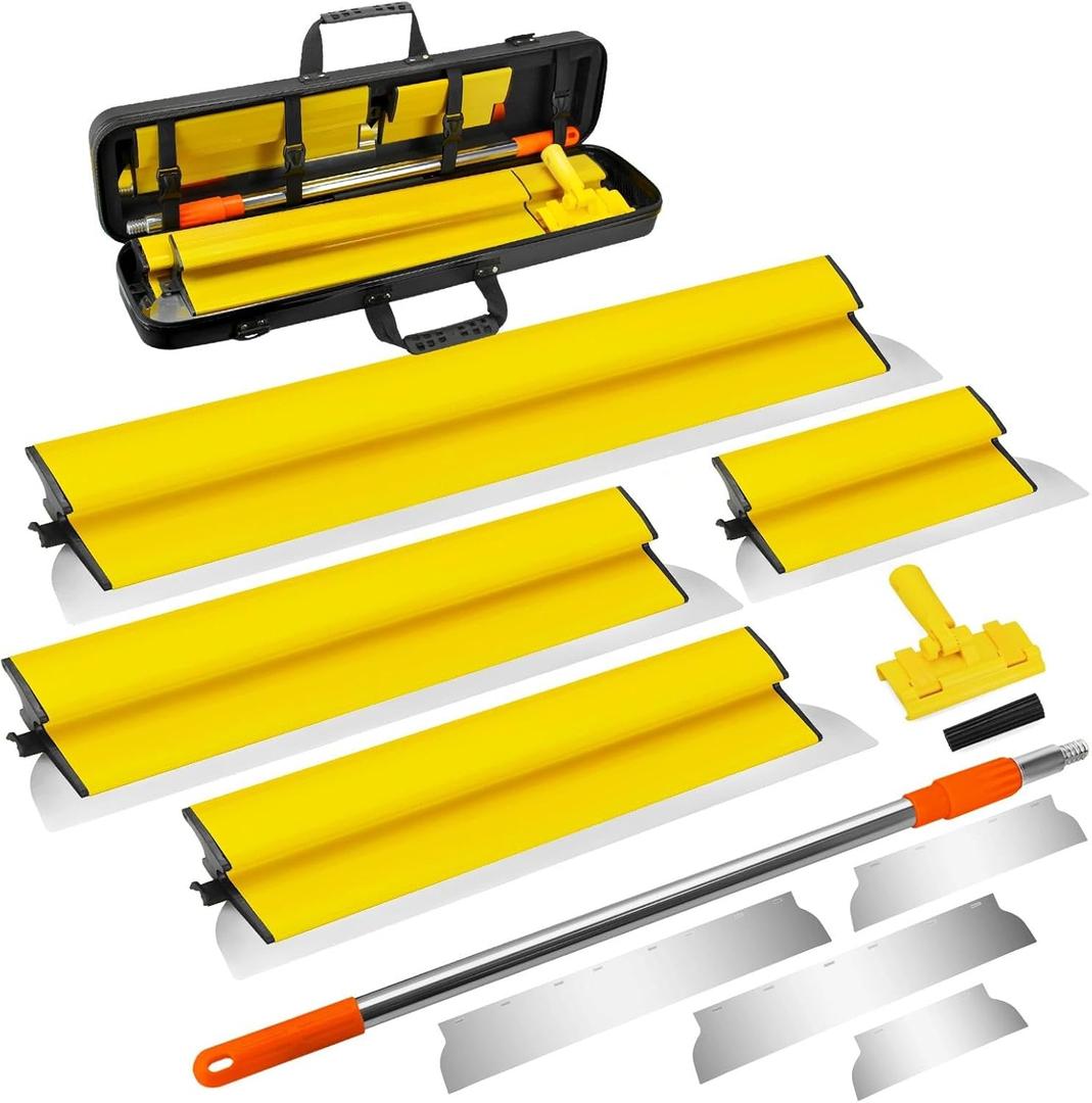 Drywall Skimming Blade Set Including Extra Blade Replace, 10", 16", 24" and 32" Stainless Steel Skimming Blades, 28"-62" Extension Handle, Smoothing Drywall Finishing Tools with Portable Case