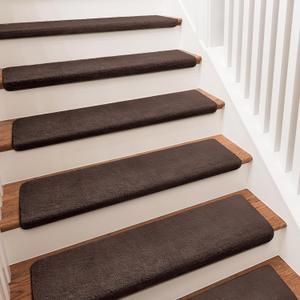 PURE ERA Carpet Stair Treads Ultra Plush 9.5" X 30"Soft Bullnose Indoor Stair Protectors Pet-Friendly Non-Slip Skid Resistant Tape Free Washable Reusable(14 Pieces, Dark Brown)