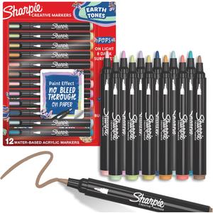 Sharpie Creative Markers, Earth Tones, Water-Based Acrylic, Bullet Tip, Assorted Colors, 12 Count  Arts & Crafts, School Classroom; Works on Paper, Metal, Wood, Ceramic, Glass, Rock, Canvas