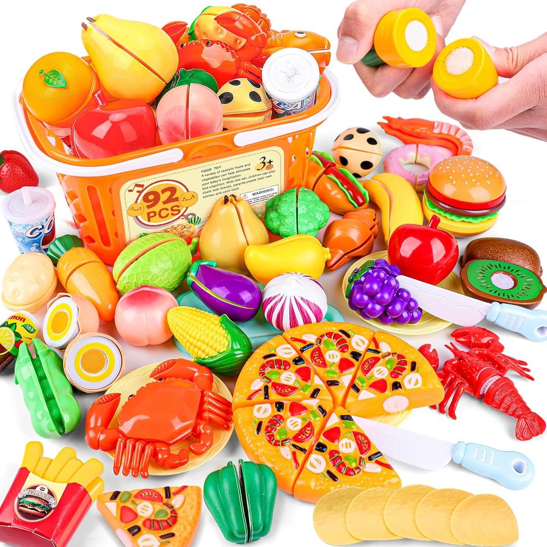 92PCS Play Food Set for Kids, Pretend Play Toys for Play Kitchen & Toddlers Learning, Food Toys with Cutting Fruits & Vegetables, Fake Food Gift Kitchen Playset for Kids Ages 3+