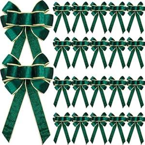 Lenwen 24 Pcs Large Christmas Bows 6x12 Inch Velvet Christmas Wreath Bows for Xmas Tree Wreath Front Door Gifts Wrapping Outdoor Holiday Party Decoration (Green)