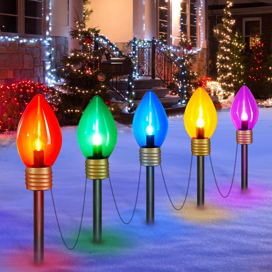 Jumbo C9 Christmas Lights Outdoor Decorations Lawn with Pathway Marker Stakes, 8.5 Feet String Lights Covered Jumbo Multicolored Light Bulb for Holiday Time Outside Yard Garden Decor, 5 Lights (1 Pack)