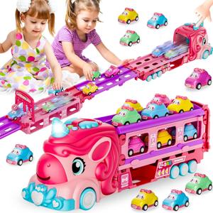 Unicorn Car Toys for 1-3 Girls, Unicorn Transport Truck Track Set W/Light & Sound, Friction Power Toy Cars W/ 6 Princess Cars, Foldable Track & Race Mode, Birthday Gift Idea for 2-4 5 6+ Toddler Kids.