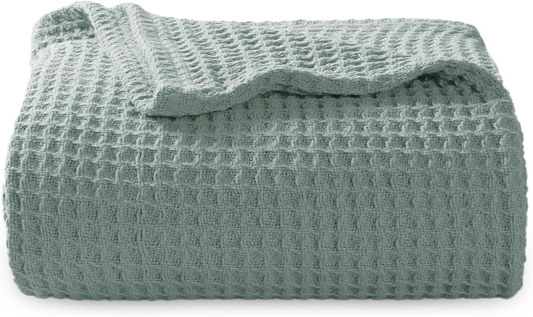 Bedsure 100% Cotton Throw Blanket for Couch 50x70 inches - Cooling Breathable and Soft for Summer, Waffle Weave Throw Blanket for Office, Sage Green
