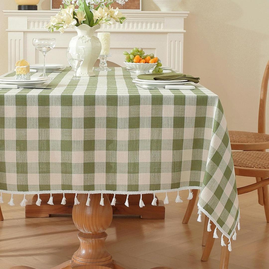 Gingham Tablecloth Rectangular, Tassels Checkered Table Cloth Washable Cotton Linen Plaid Table Cover for Spring Summer Kitchen Dining Party,Green and White,55x102