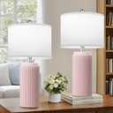 23.5 Modern Pink Table Lamps Set of 2 for Living Room, Ceramic Bedside Lamps with White Linen Shade for Girls Room, Rustic Nightstand Lamps for Bedroom Home Office, Cute Lamps for End Table Dorm