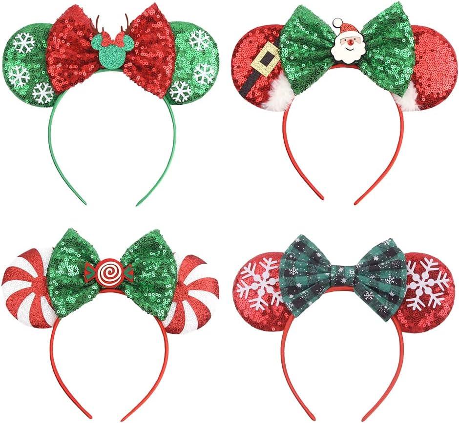 4 PCS Christmas Mouse Ears Headbands Sequin Santa Reindeer Candy Headbands for Cosplay Party Favors (Christmas 4 Pack)