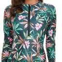 ABAFIP Women's Long Sleeve Rash Guard Bathing Suit Zip up One Piece Swimsuits Modest Surfing Swimwear,L