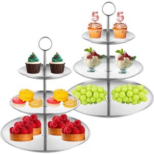 2PCS Silver Cupcake Stand 3 Tiered Dessert Stand Stainless Steel Cupcake Display Stand Party Serving Trays Silver Cake Holder for Holiday Dessert Table Decorations Birthday Wedding