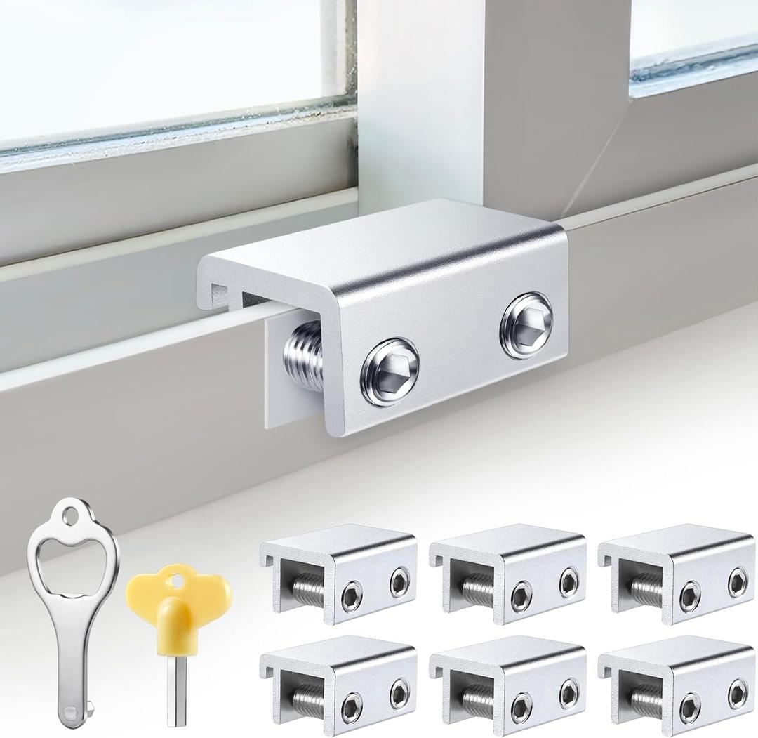 Sliding Window Locks (6 Sets), Security Window Locks with Keys, Adjustable Aluminum Sliding Window Stops, Easy Installation Without Drilling, for Vertical and Horizontal Sliding Windows (Silver)