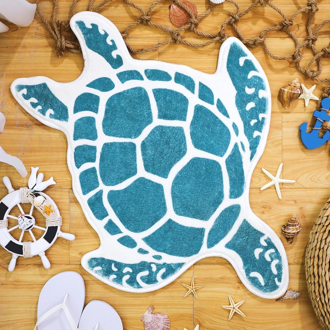 Haull Sea Turtle Bathroom Rug Beach Mats Rugs No Silp Turquoise Turtle Washable Cover Floor Rug Tropics Summer Ocean Theme Bathroom Mat for Door Living Room Bedroom Shower, 30.7 x 25 Inch(Blue)