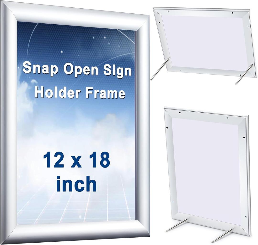Blulu 2 Pcs Silver, 12 x 18 Inch, Front Load Easy Open Snap Frame Poster/ picture Frame, Metal Frame, Snap Open Sign Holder Frame, Wall Mount or Tabletop