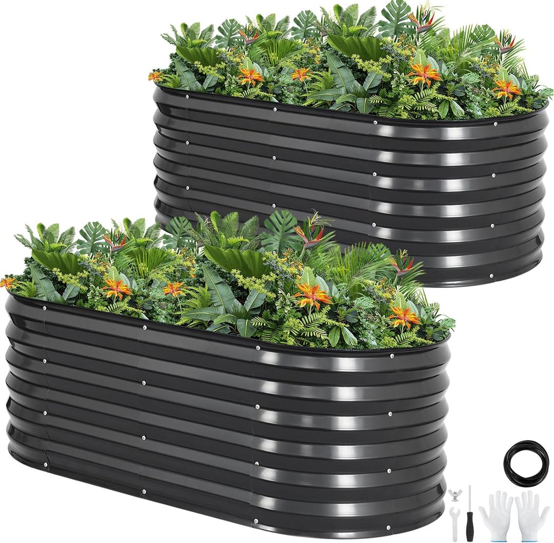 Galvanized Raised Garden Bed Outdoor |17'' Tall Planter Box Outdoor for Deep Root Plants | 2Pcs Raised Bed Kit for Gardening with Rubber Strip for Vegetables Flowers Fruits (Darkgrey, 4x2x1.4FT) (Gray)