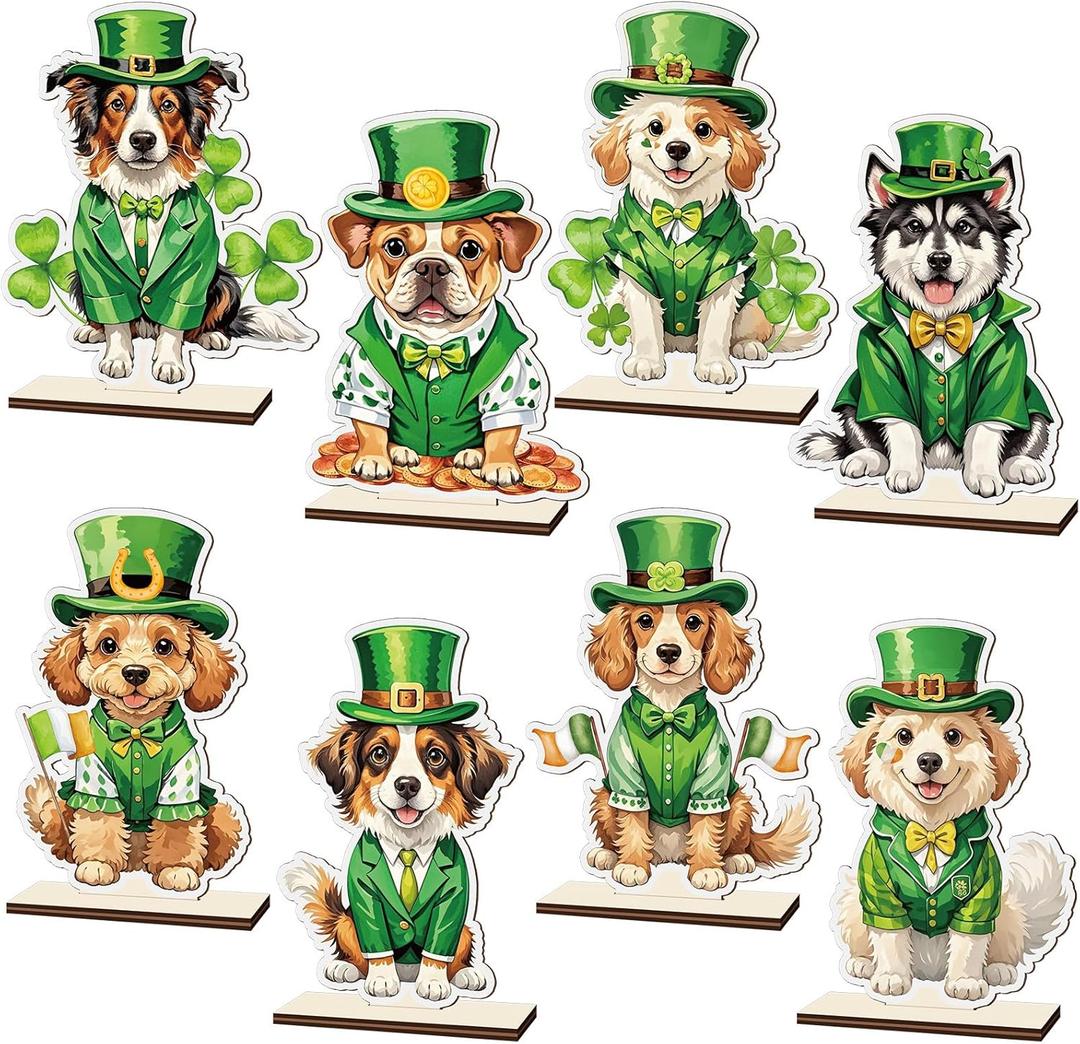 DoubleFill 8 Pcs St. Patrick's Day Dog Table Sign Decoration Green Shamrock Lucky Dog Wooden Tabletop Centerpiece Irish Rustic Farmhouse Tiered Tray Decor for Home Kitchen Vet Office Fireplace Desk