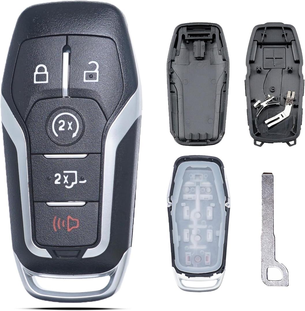 Key Fob Shell Case Cover Replacement Fits for Ford F150 F250 F350 F450 F550 Trucks 2015 2016 2017 Keyless Entry Remote Control 5 Button Pad Cover M3N-A2C31243300 with Uncut Key Blade Blank