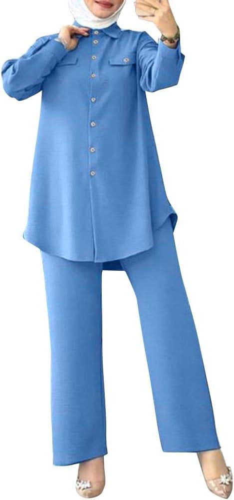 ODIZLI Muslim Long Sleeve Blouse Wide Leg Pants Suits Autumn Solid Abaya Women Matching Sets 2PCS Tracksuits Turkey Kaftan (Blue, M)