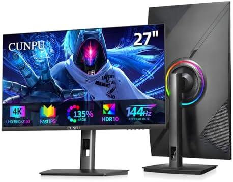 CUNPU 27 Inch 4K 144Hz Gaming Monitor, UHD 3840x2160 Fast IPS Panel PC Monitor, 1ms GTG, HDR10, 99% DCI-P3, Freesync & G-sync, Height/Pivot/Tilt/Swivel Adjustment, Built-in Speaker, HDMI,DisplayPort