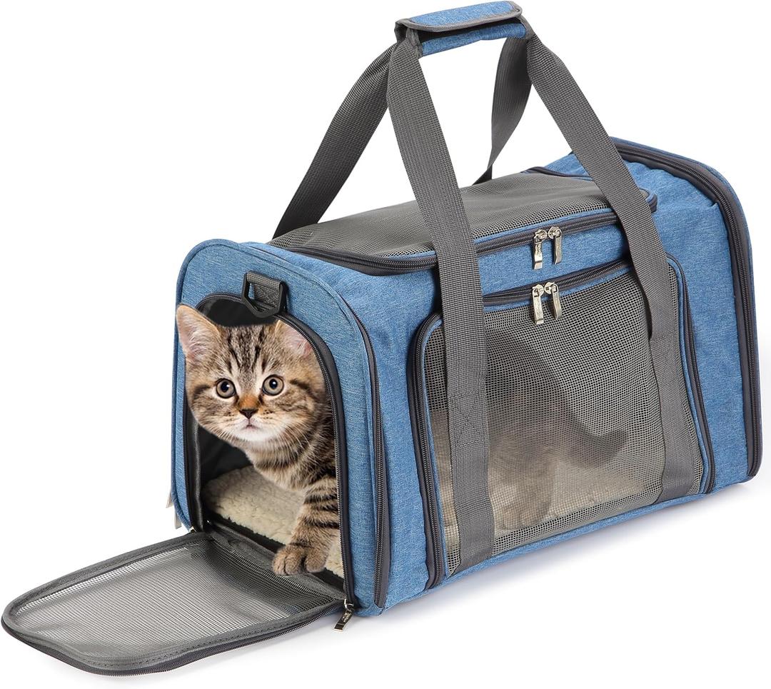 Mr. Pen- Pet Carrier, 17.5" x 11.2" x 11.5", Medium Size, Blue, Portable Travel Carrier for Small Pets, Cats & Small Dogs, Breathable Mesh, Safety Inner Leash, Side Pocket & Padded Shoulder Strap