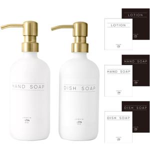 Glass Soap Dispenser - Modern Bathroom & Kitchen Sink Dispenser with Waterproof Labels (White Bottles+Gold Pumps)