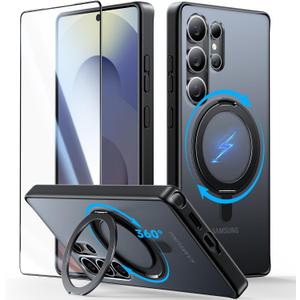 JUESHITUO 3 in 1 for Samsung Galaxy S25 Ultra Case, [Non-Yellowing] 360 Rotatable Magnetic Ring Stand with [1X Screen Protector] S25 Ultra Phone Cover, Black