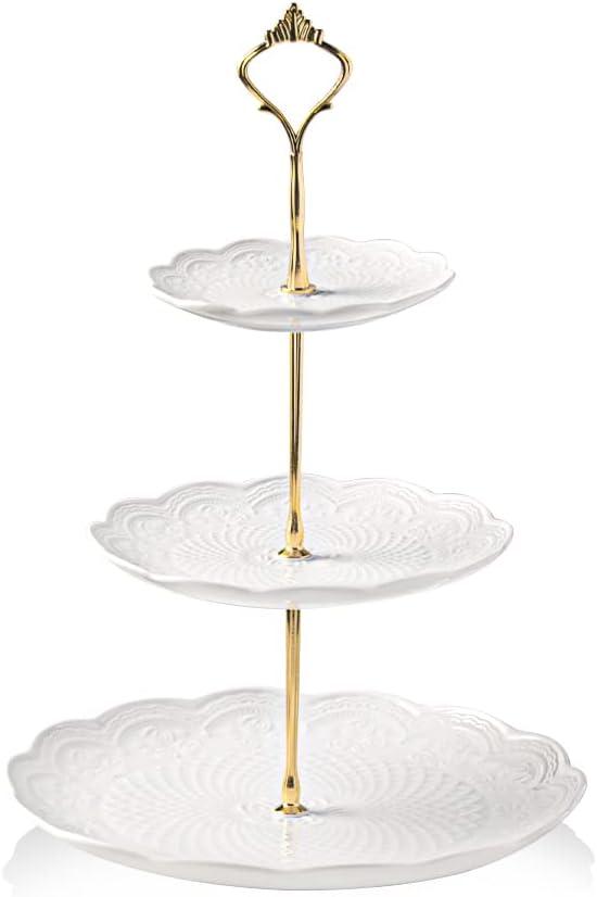 Sweejar 3 Tier Ceramic Cake Stand Wedding, Dessert Cupcake Stand for Tea Party Serving Platter(Rose White)